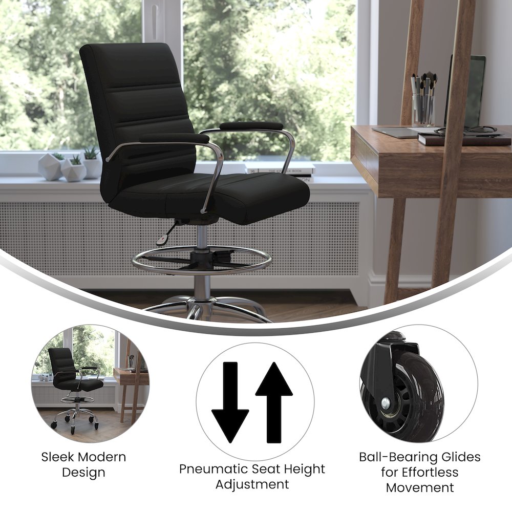 Mid-Back Black Drafting Chair with Adjustable Foot Ring, Chrome Base,. Picture 4