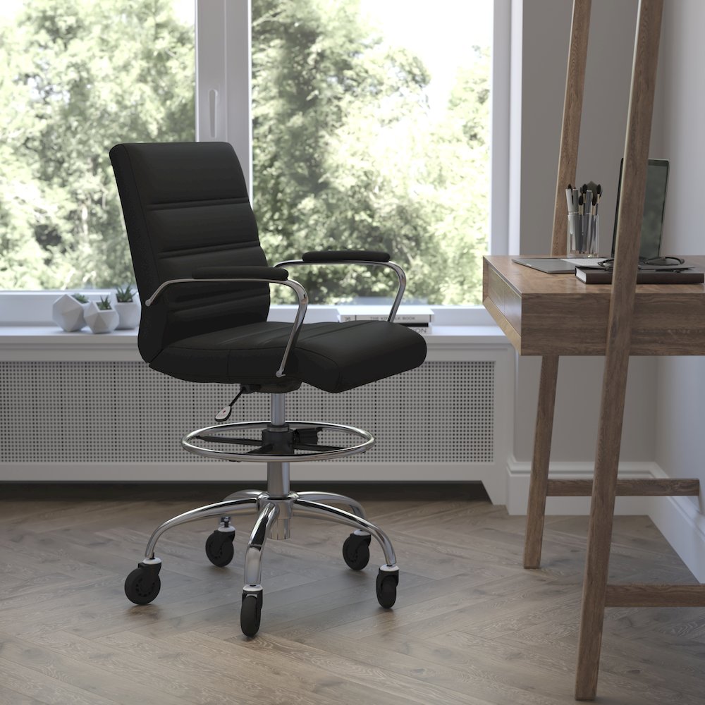 Mid-Back Black Drafting Chair with Adjustable Foot Ring, Chrome Base,. Picture 2