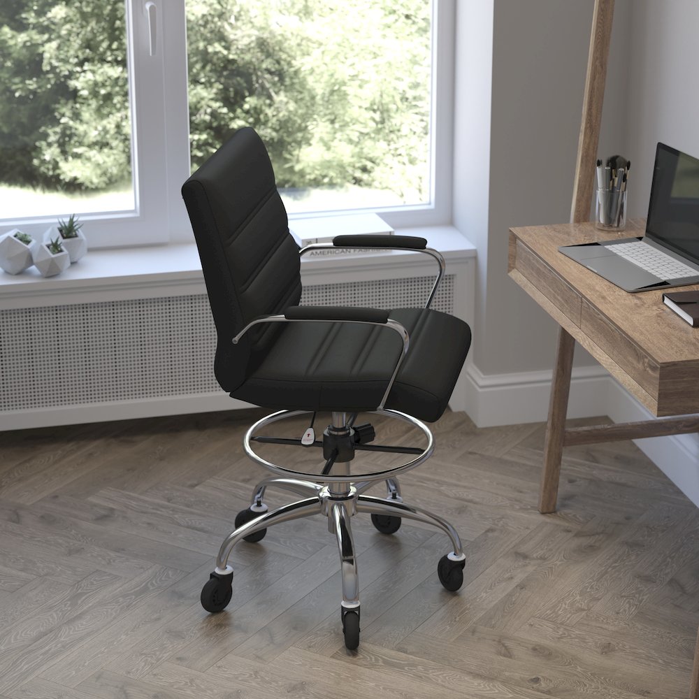 Mid-Back Black Drafting Chair with Adjustable Foot Ring, Chrome Base,. Picture 7