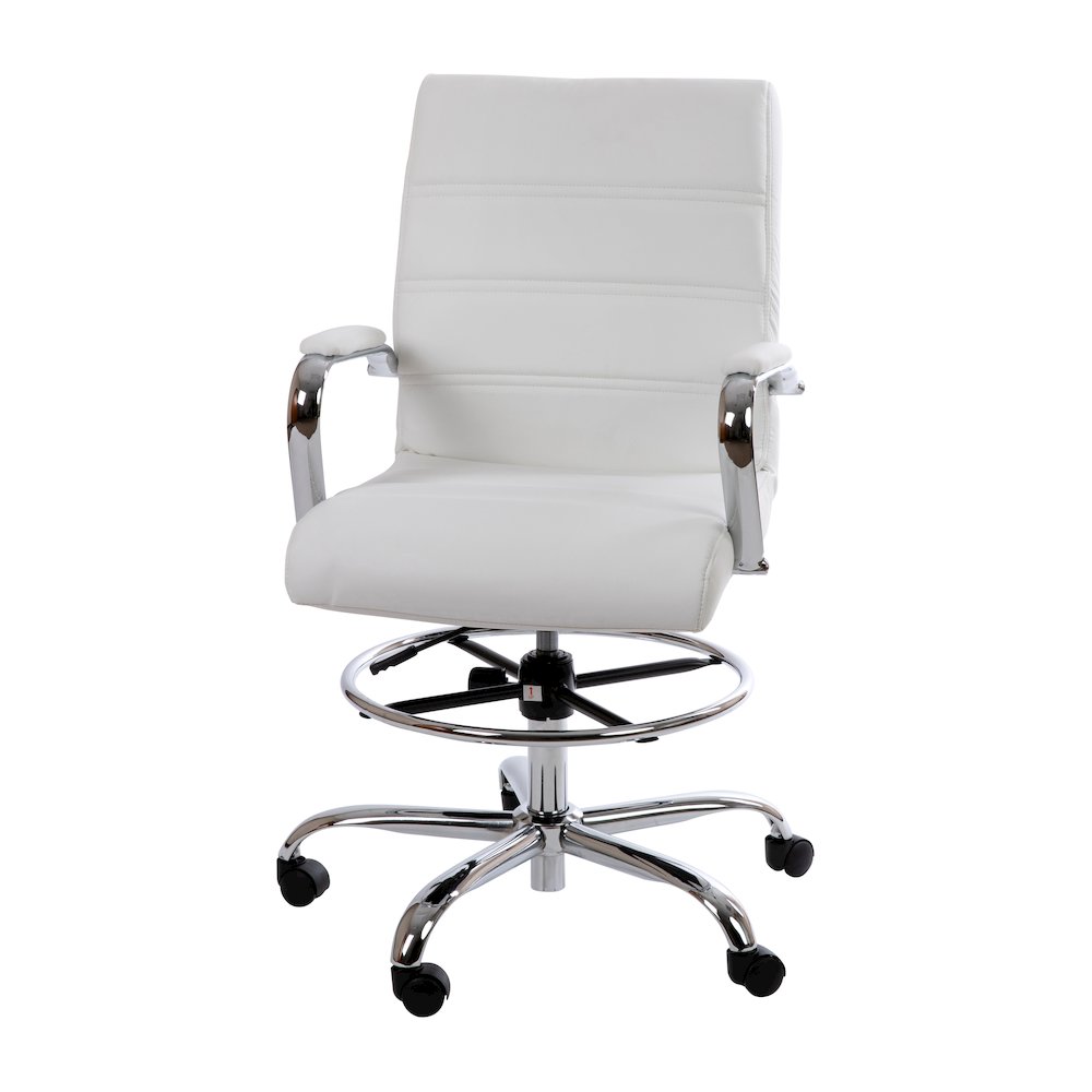 Mid-Back White Drafting Chair with Adjustable Foot Ring and Chrome Base. Picture 1