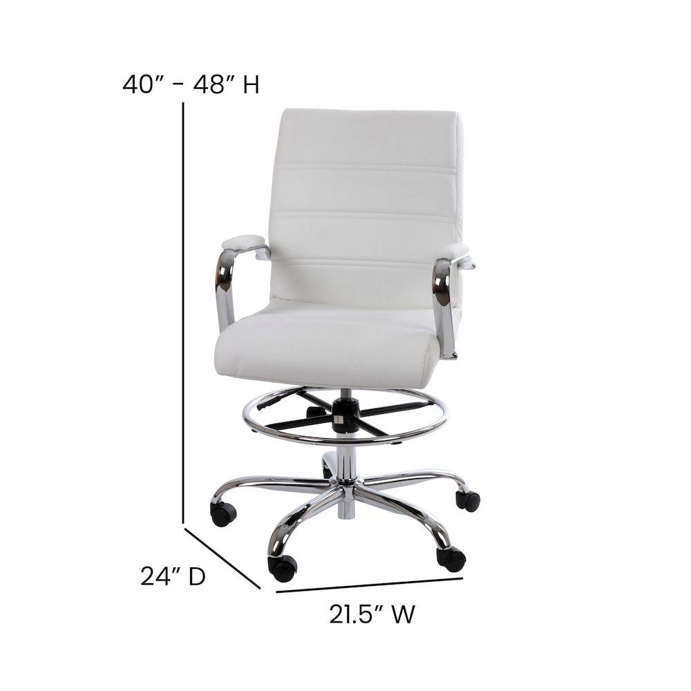 Mid-Back White Drafting Chair with Adjustable Foot Ring and Chrome Base. Picture 5
