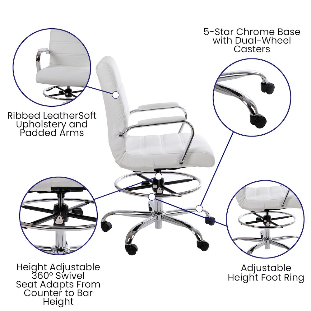 Mid-Back White Drafting Chair with Adjustable Foot Ring and Chrome Base. Picture 4