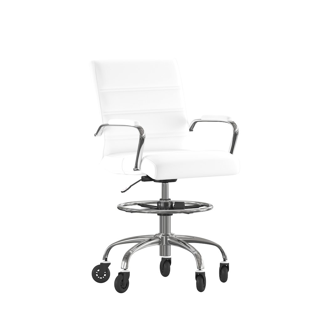 Mid-Back White Drafting Chair with Adjustable Foot Ring, Chrome Base,. Picture 1