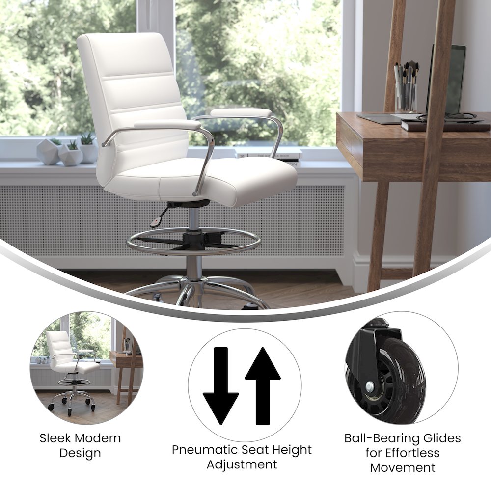 Mid-Back White Drafting Chair with Adjustable Foot Ring, Chrome Base,. Picture 4