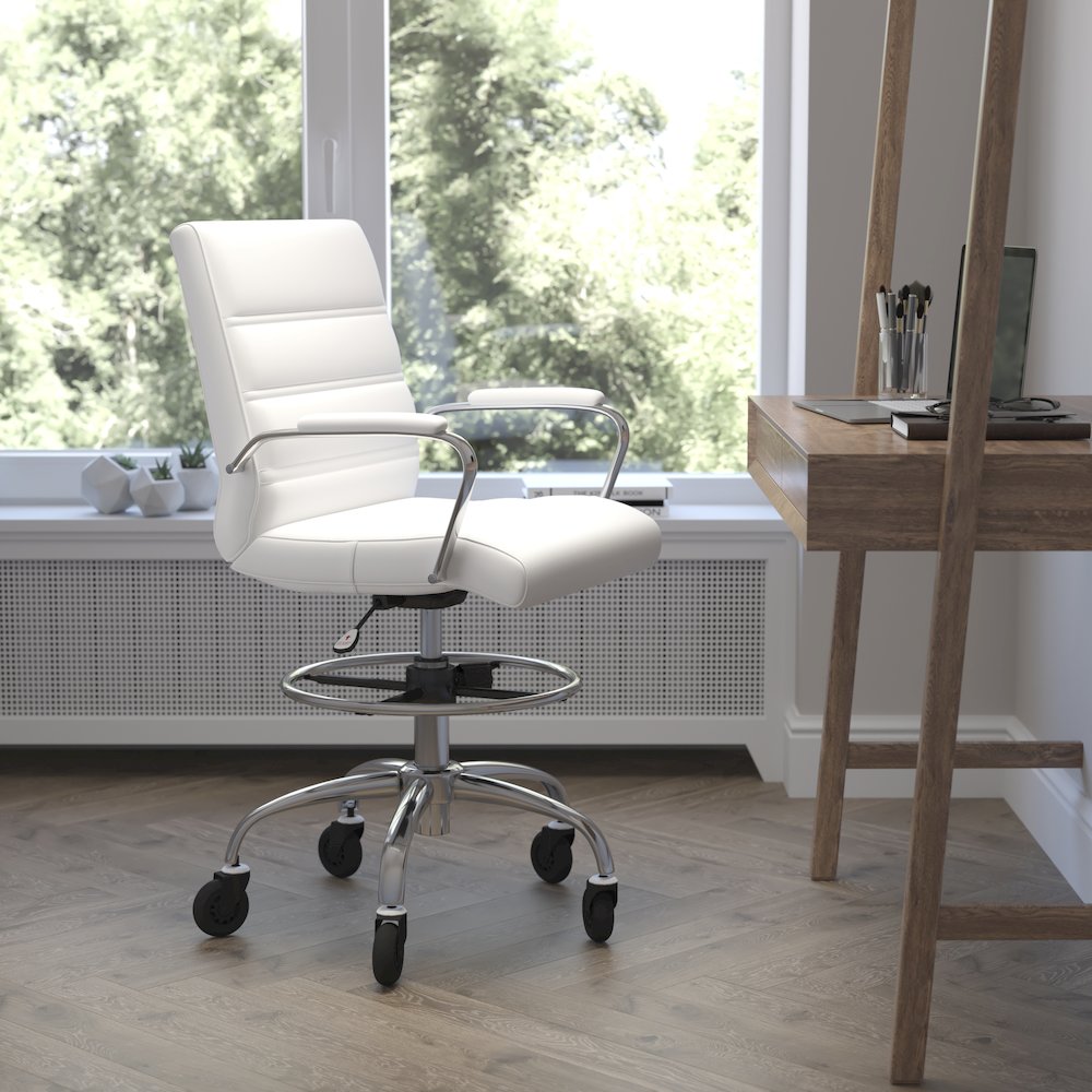 Mid-Back White Drafting Chair with Adjustable Foot Ring, Chrome Base,. Picture 2