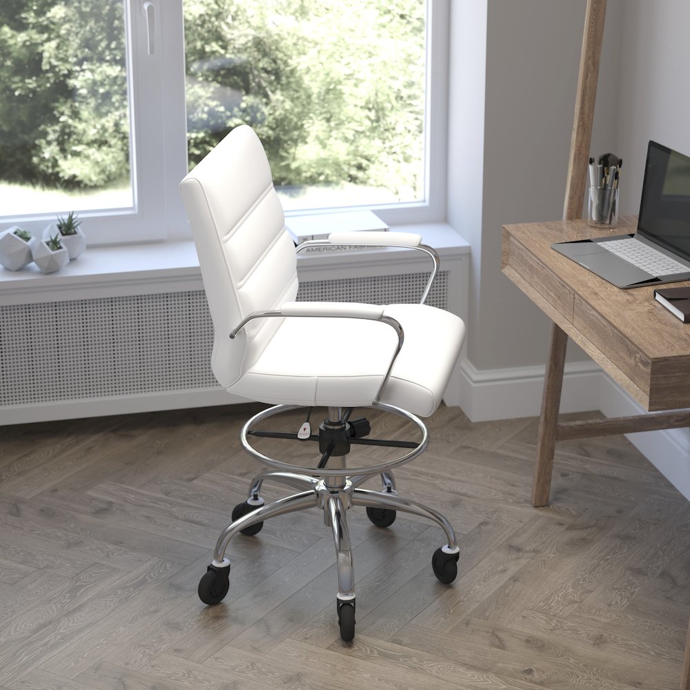 Mid-Back White Drafting Chair with Adjustable Foot Ring, Chrome Base,. Picture 6