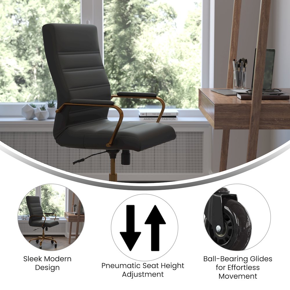 High Back Black Executive Swivel Office Chair with Gold Frame, Arms,. Picture 4