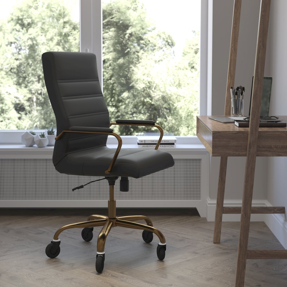 High Back Black Executive Swivel Office Chair with Gold Frame, Arms,. Picture 2
