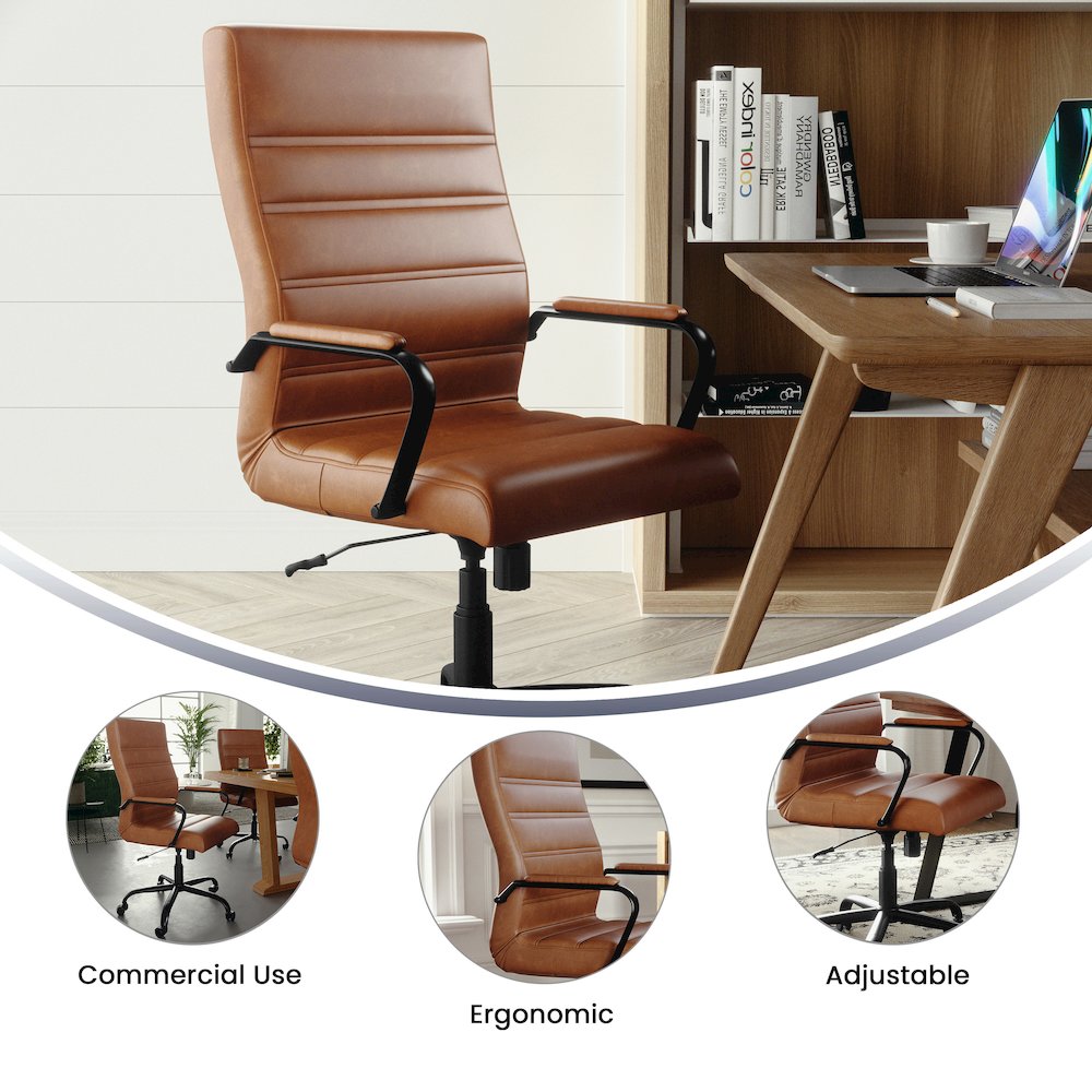 High Back Brown Executive Swivel Office Chair with Black Frame and Arms. Picture 6