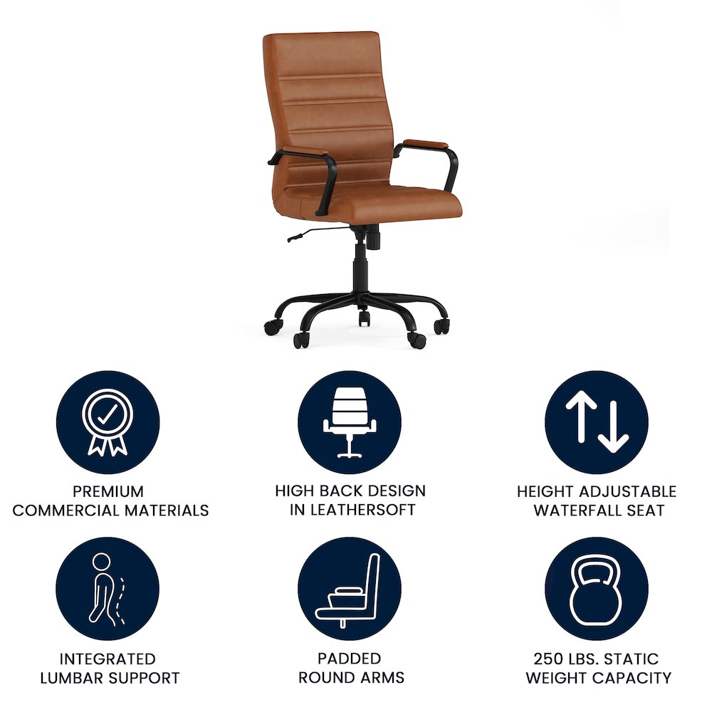 High Back Brown Executive Swivel Office Chair with Black Frame and Arms. Picture 5
