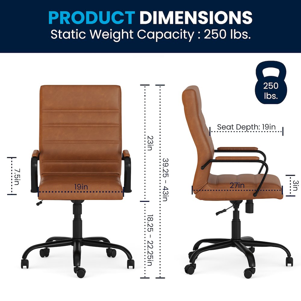 High Back Brown Executive Swivel Office Chair with Black Frame and Arms. Picture 9
