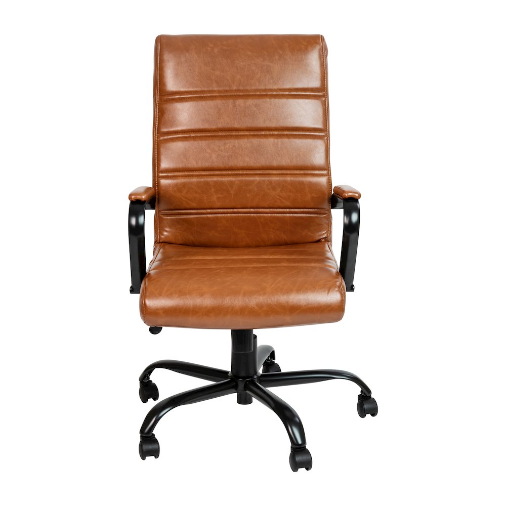High Back Brown Executive Swivel Office Chair with Black Frame and Arms. Picture 16