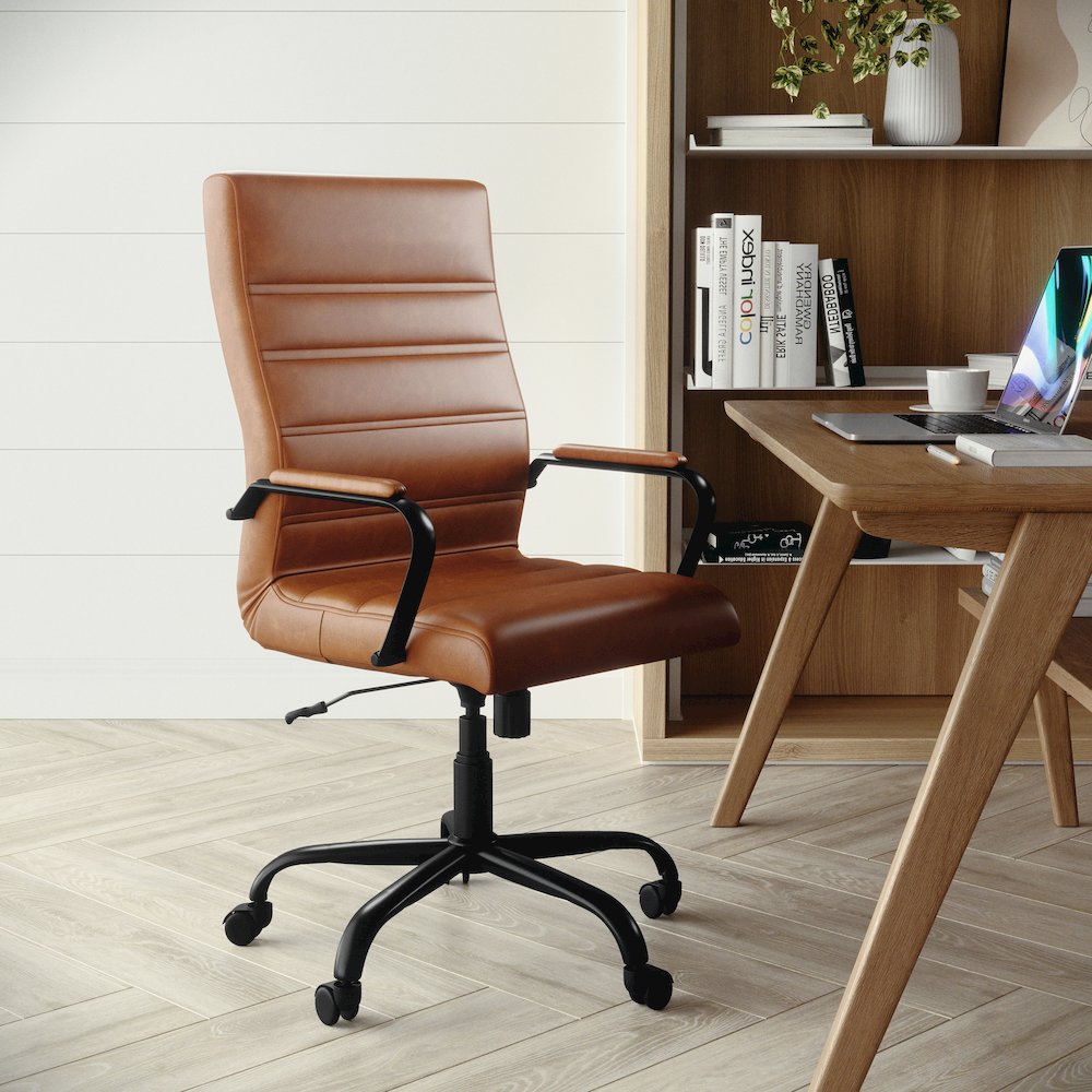 High Back Brown Executive Swivel Office Chair with Black Frame and Arms. Picture 2