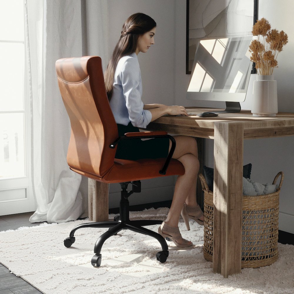 High Back Brown Executive Swivel Office Chair with Black Frame and Arms. Picture 1