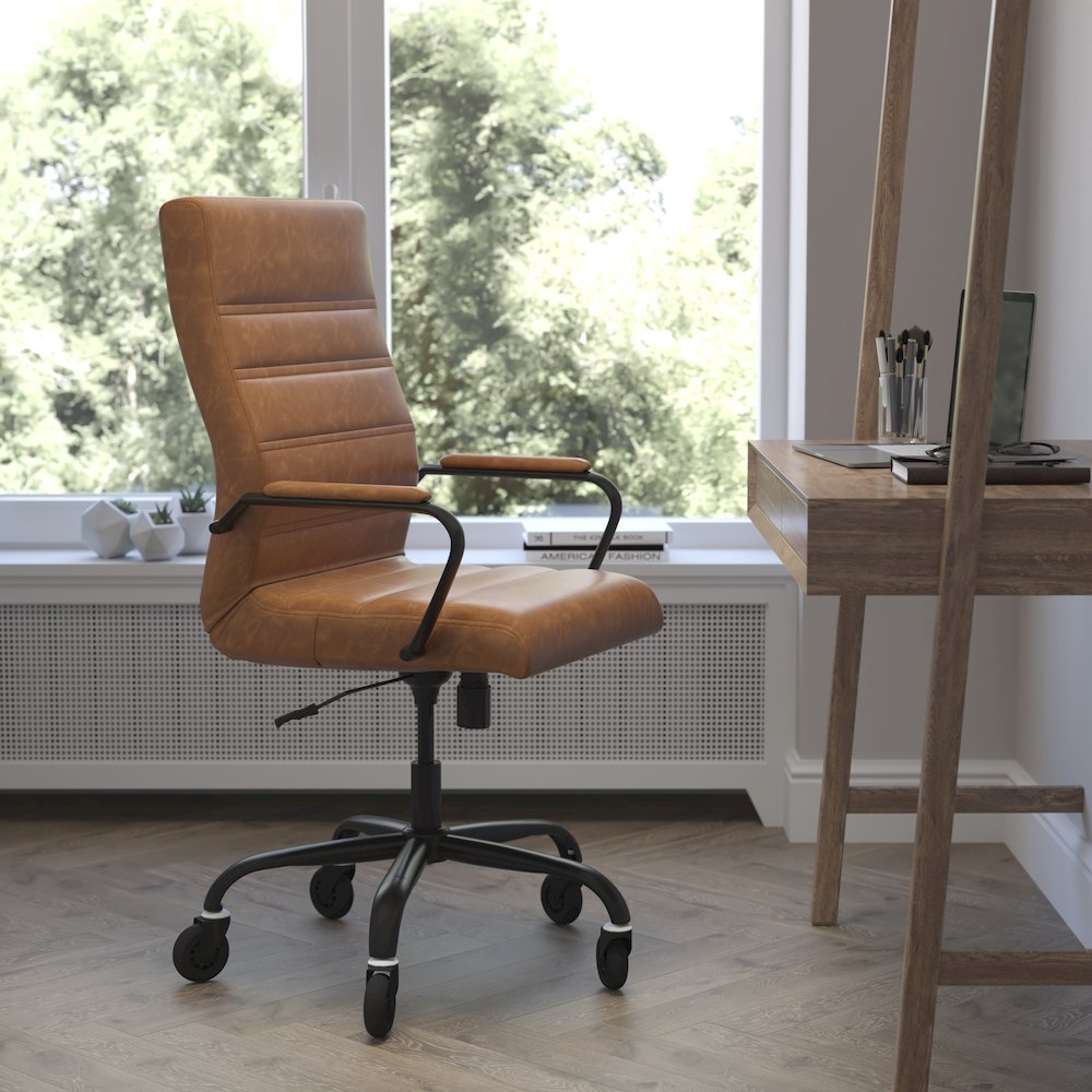 High Back Brown Executive Swivel Office Chair with Black Frame, Arms,. Picture 2