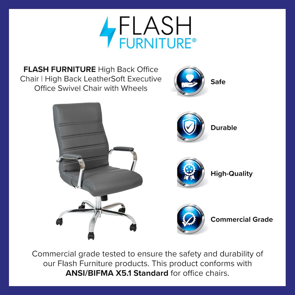 High Back Gray Executive Swivel Office Chair with Chrome Frame and Arms. Picture 4