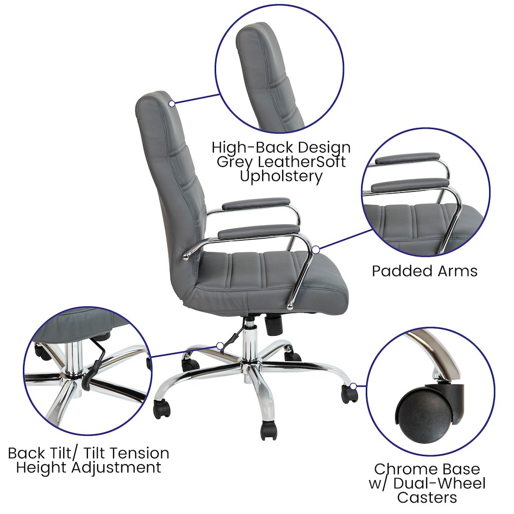 High Back Gray Executive Swivel Office Chair with Chrome Frame and Arms. Picture 6