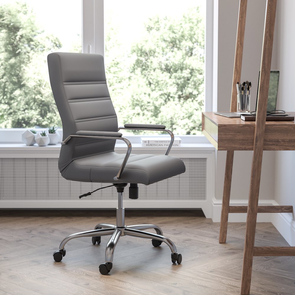 High Back Gray Executive Swivel Office Chair with Chrome Frame and Arms. Picture 2