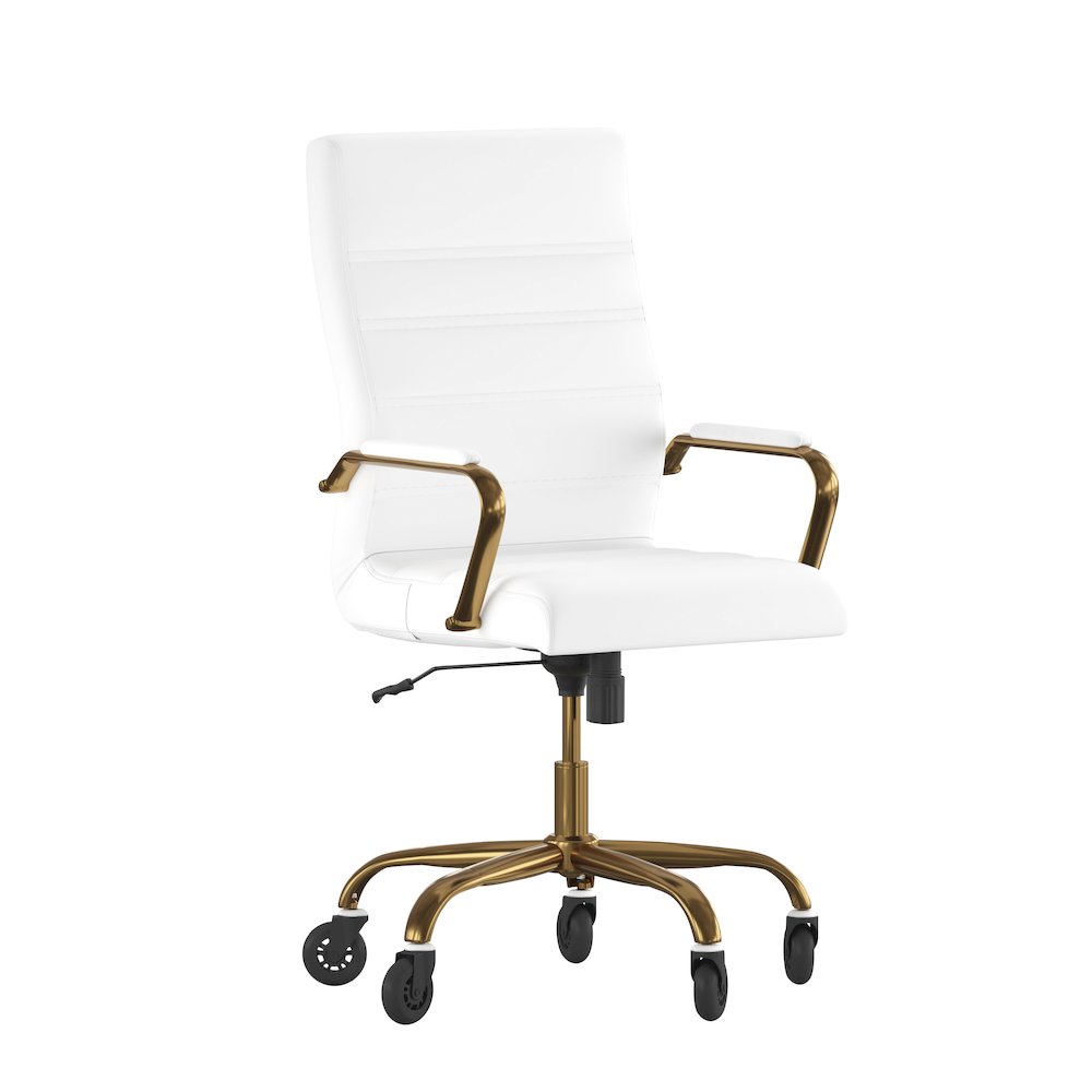 High Back White Executive Swivel Office Chair with Gold Frame, Arms,. Picture 1