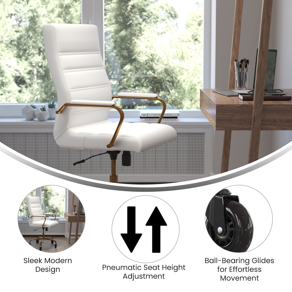 High Back White Executive Swivel Office Chair with Gold Frame, Arms,. Picture 4
