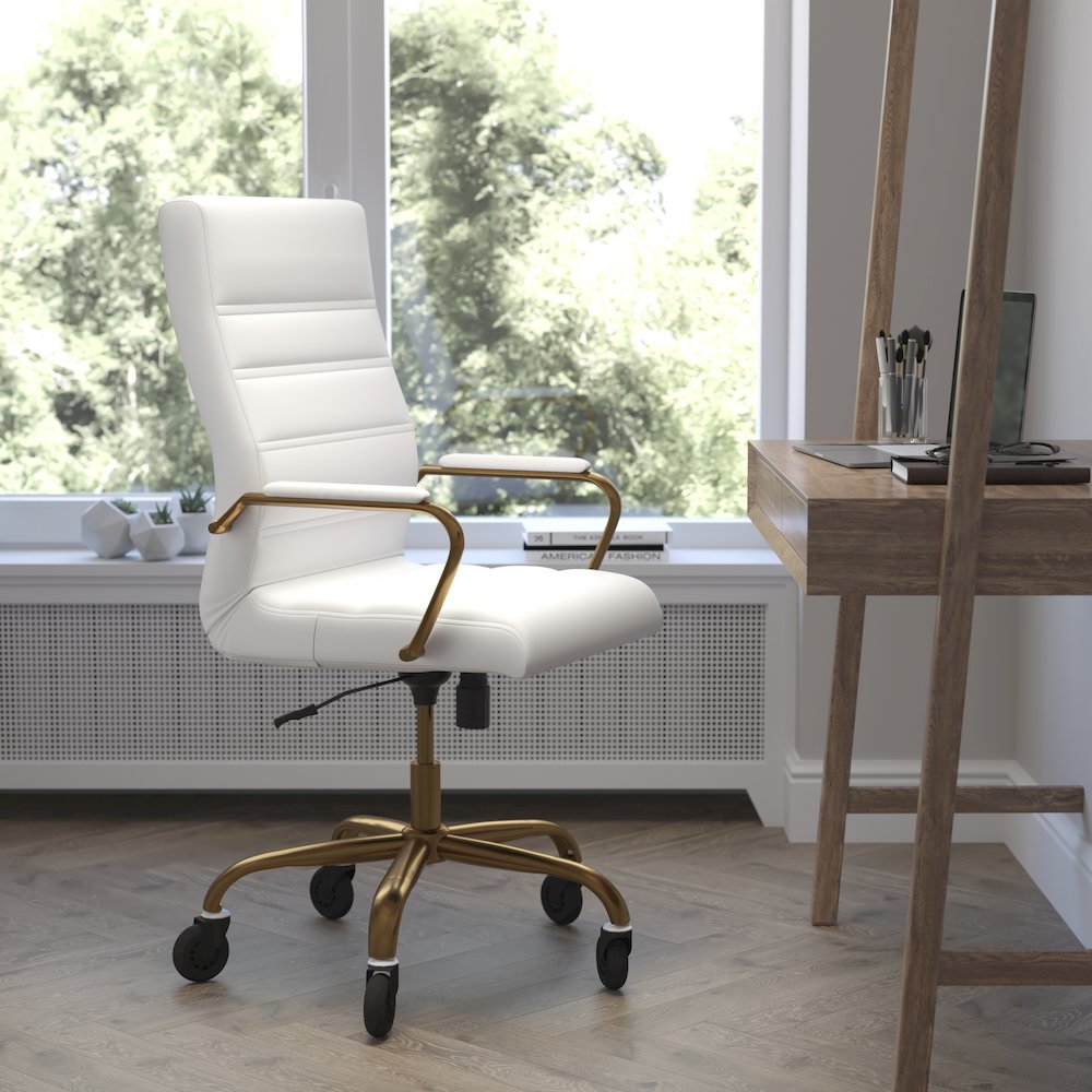 High Back White Executive Swivel Office Chair with Gold Frame, Arms,. Picture 2