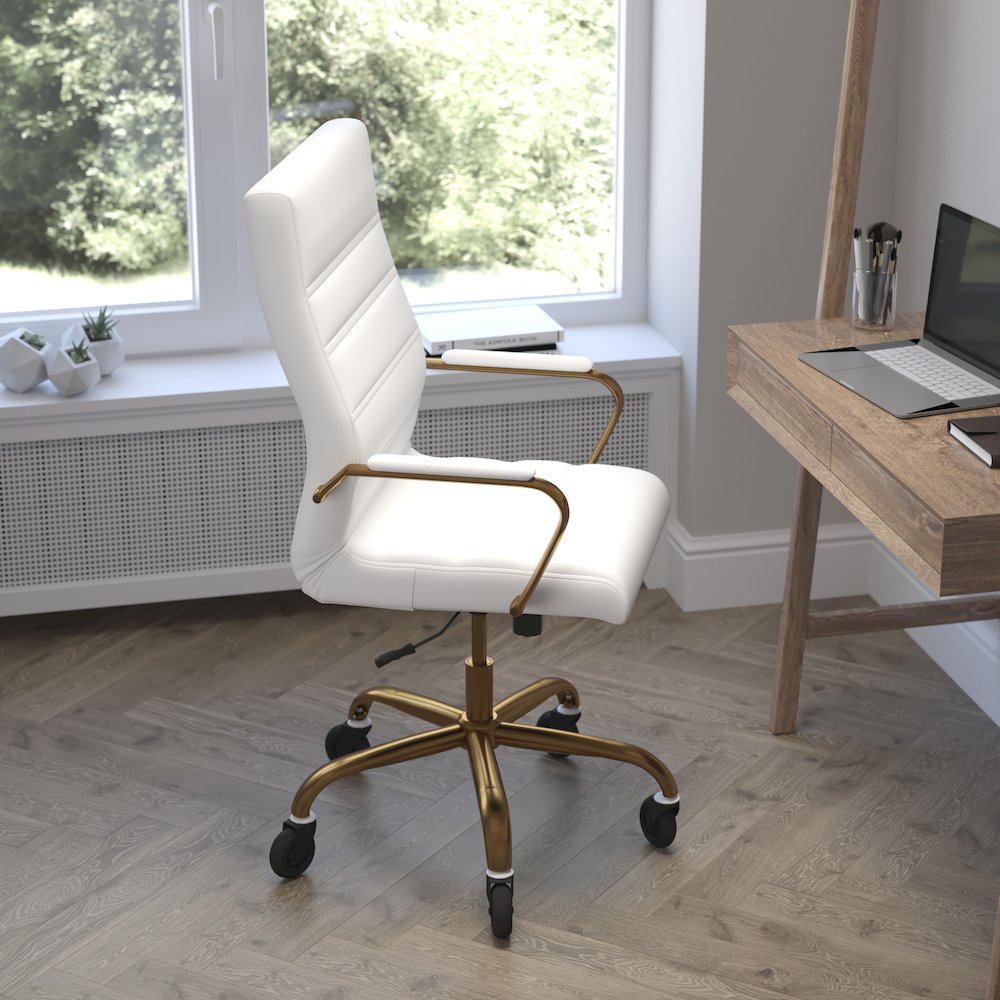 High Back White Executive Swivel Office Chair with Gold Frame, Arms,. Picture 6
