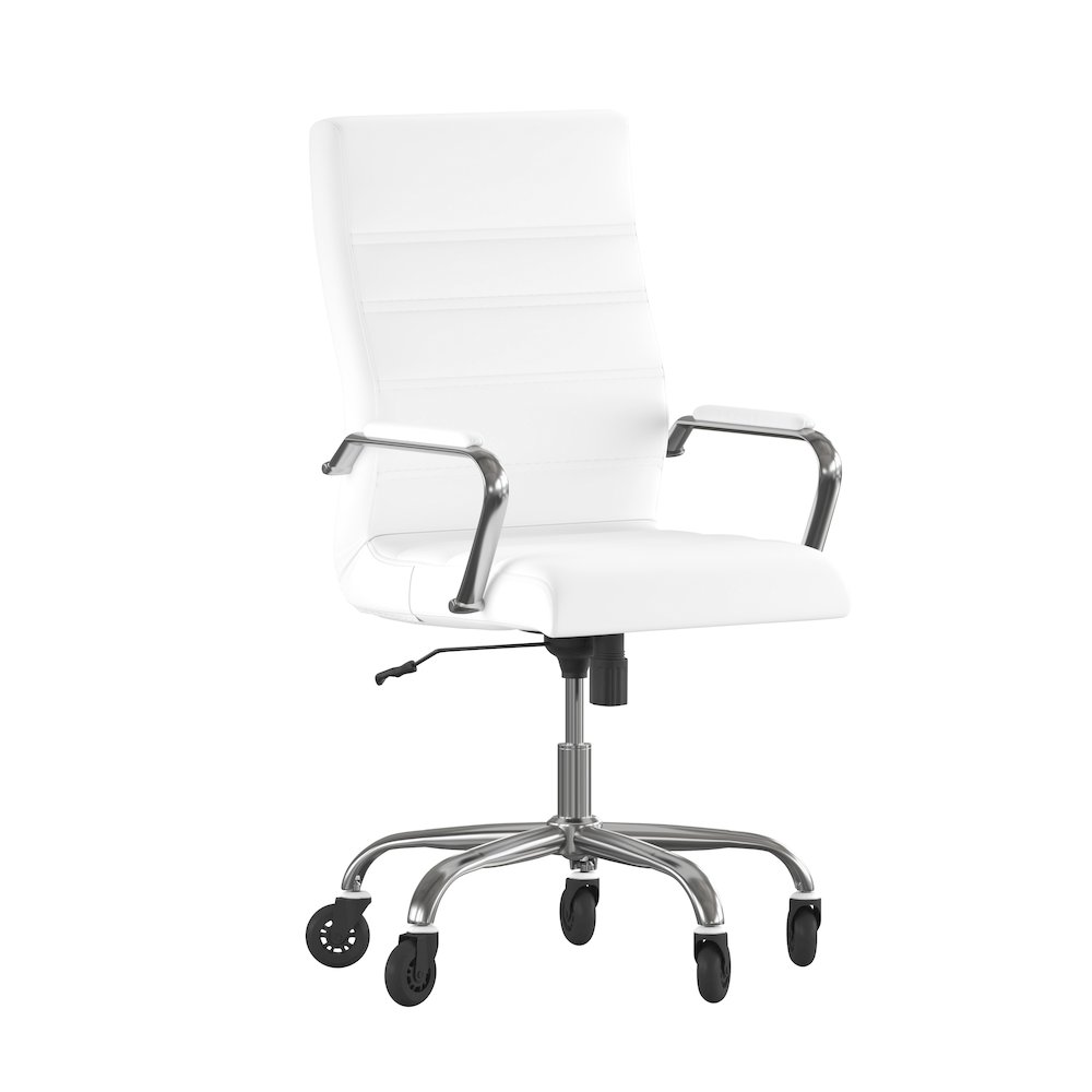 High Back White Executive Swivel Office Chair with Chrome Frame, Arms,. Picture 1