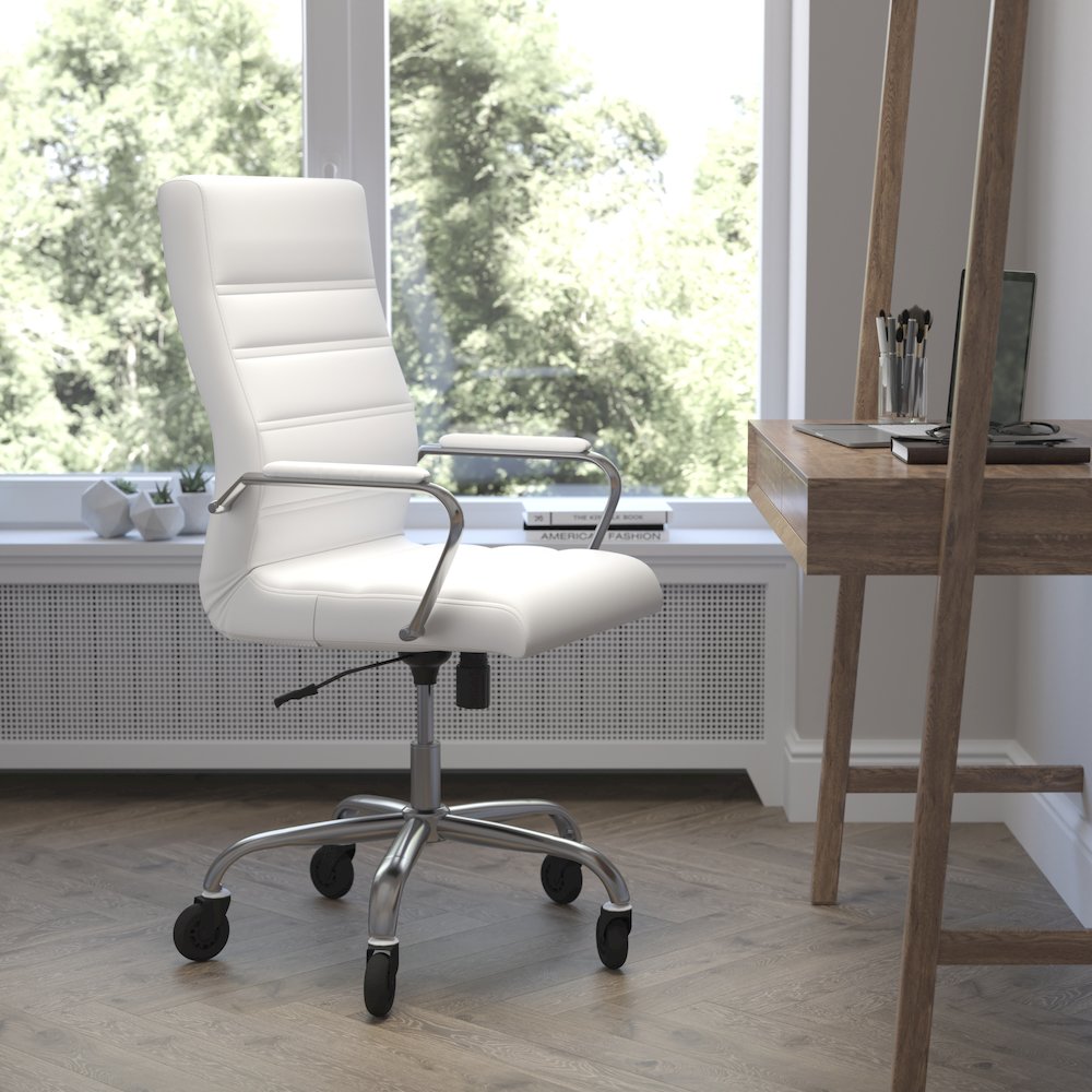High Back White Executive Swivel Office Chair with Chrome Frame, Arms,. Picture 2