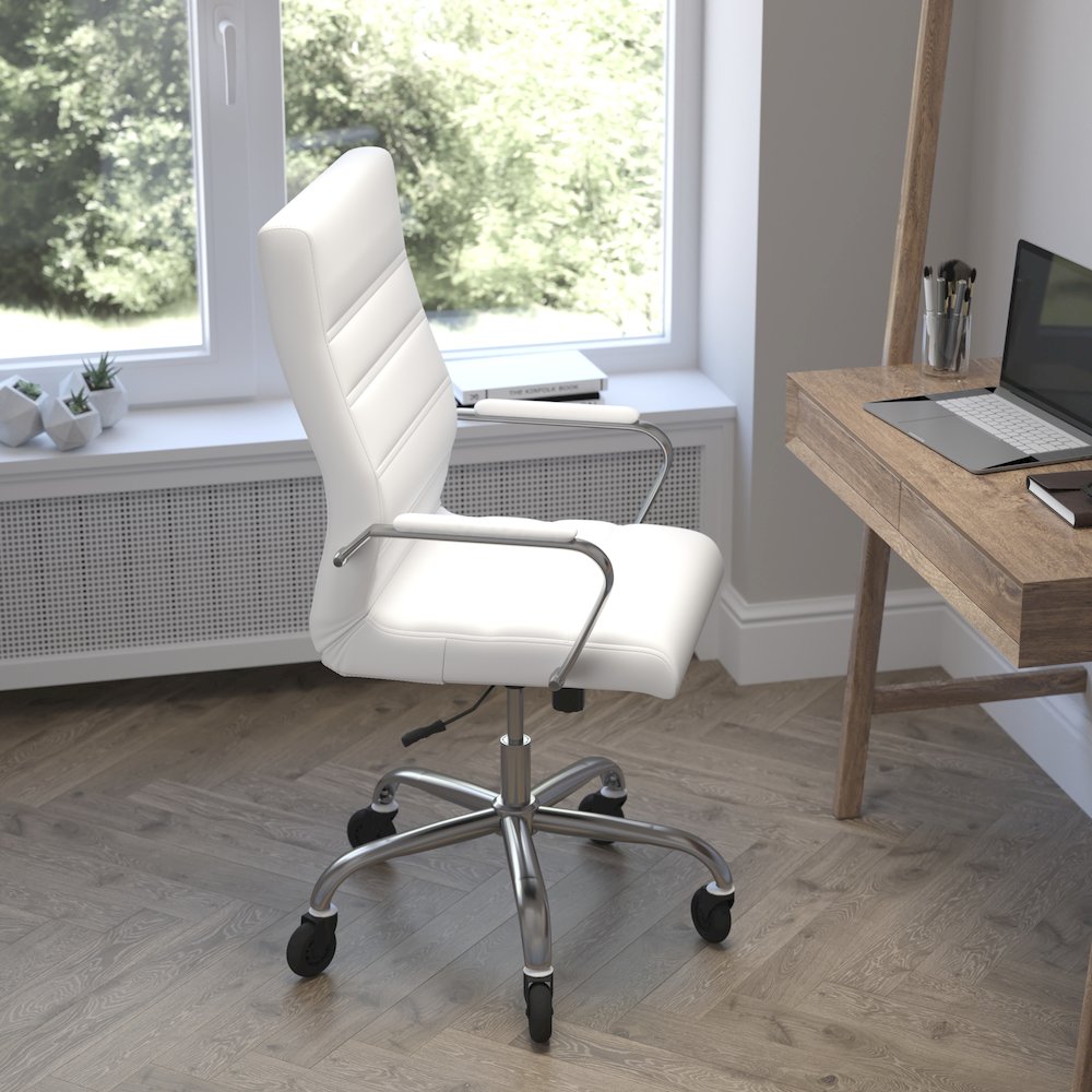 High Back White Executive Swivel Office Chair with Chrome Frame, Arms,. Picture 6