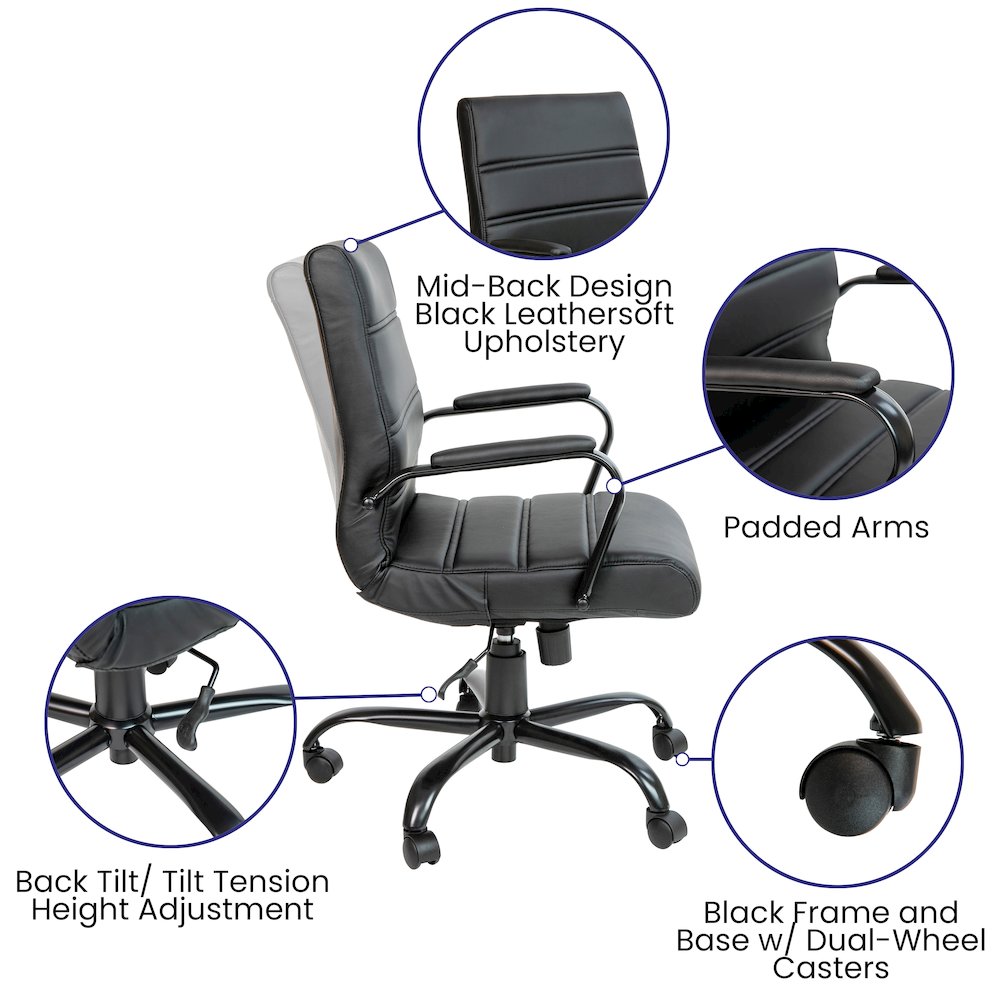 Mid-Back Black Executive Swivel Office Chair with Black Frame and Arms. Picture 6