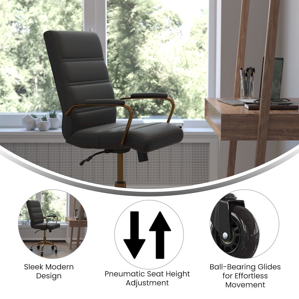 Mid-Back Black Executive Swivel Office Chair with Gold Frame, Arms,. Picture 4