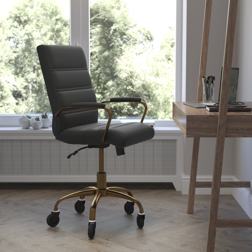 Mid-Back Black Executive Swivel Office Chair with Gold Frame, Arms,. Picture 2