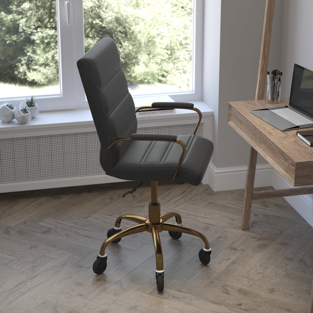 Mid-Back Black Executive Swivel Office Chair with Gold Frame, Arms,. Picture 6