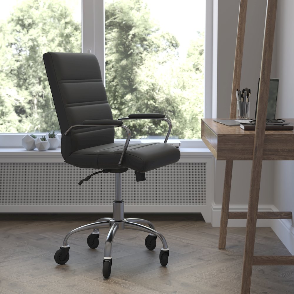 Mid-Back Black Executive Swivel Office Chair with Chrome Frame, Arms,. Picture 2
