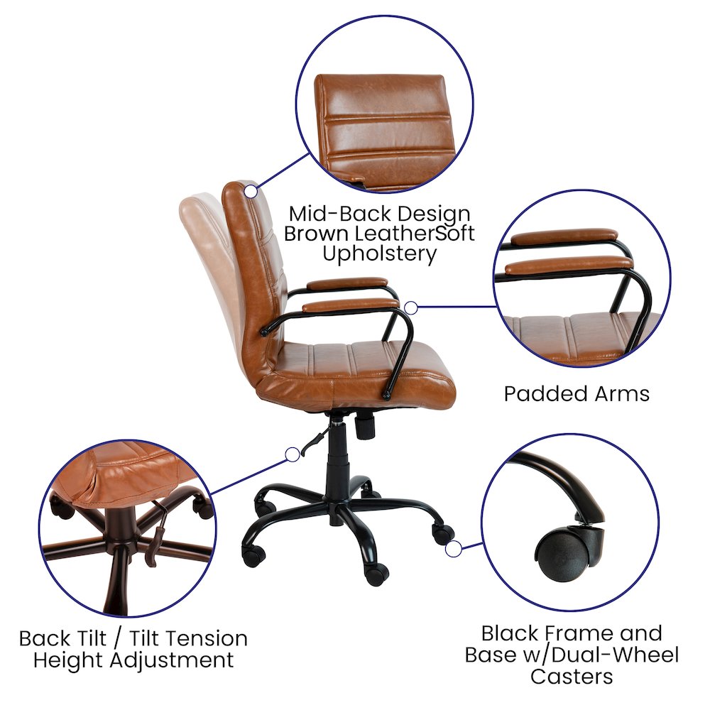 Mid-Back Brown Executive Swivel Office Chair with Black Frame and Arms. Picture 8