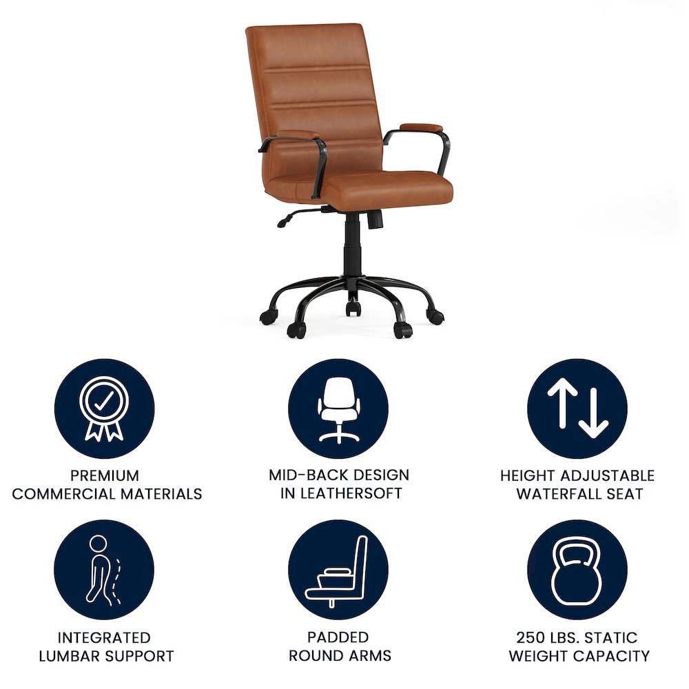 Mid-Back Brown Executive Swivel Office Chair with Black Frame and Arms. Picture 5