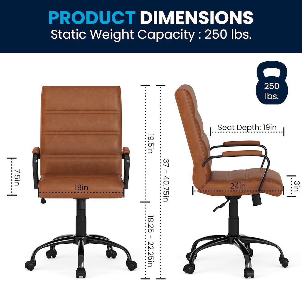 Mid-Back Brown Executive Swivel Office Chair with Black Frame and Arms. Picture 9