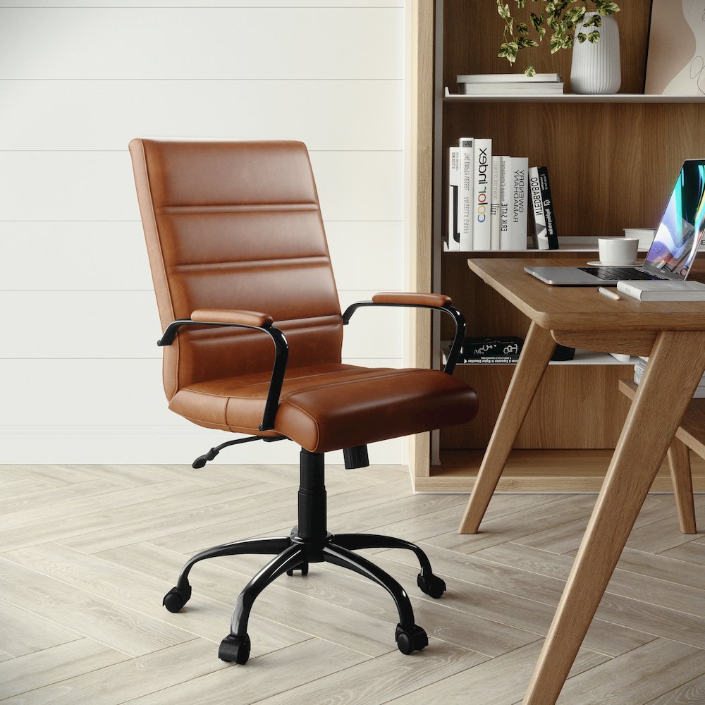 Mid-Back Brown Executive Swivel Office Chair with Black Frame and Arms. Picture 3