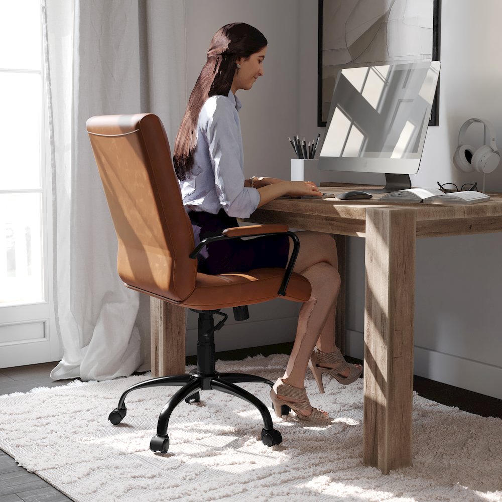 Mid-Back Brown Executive Swivel Office Chair with Black Frame and Arms. Picture 2