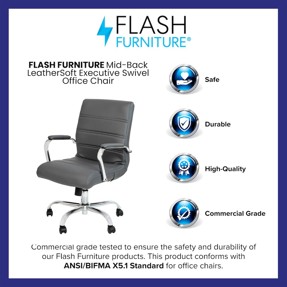 Mid-Back Gray Executive Swivel Office Chair with Chrome Frame and Arms. Picture 4