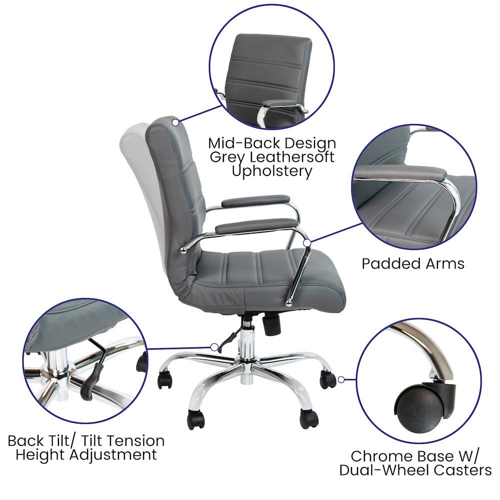 Mid-Back Gray Executive Swivel Office Chair with Chrome Frame and Arms. Picture 6