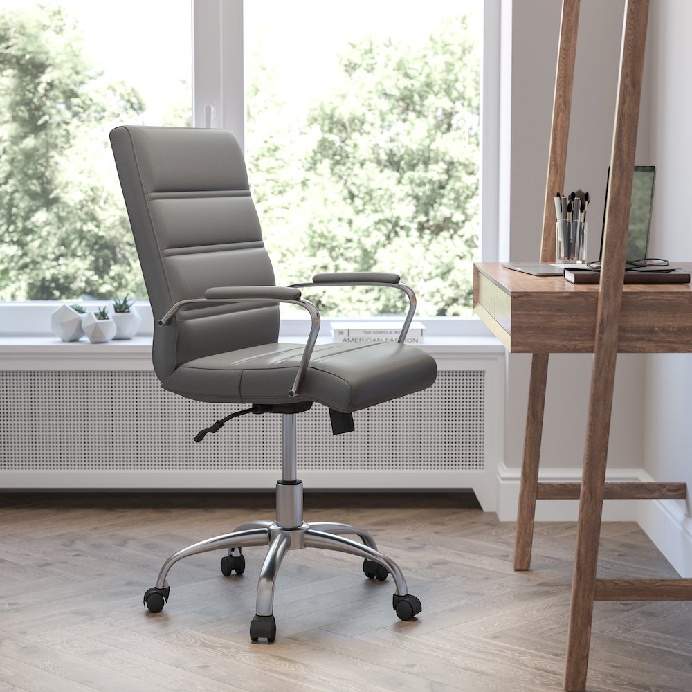 Mid-Back Gray Executive Swivel Office Chair with Chrome Frame and Arms. Picture 2