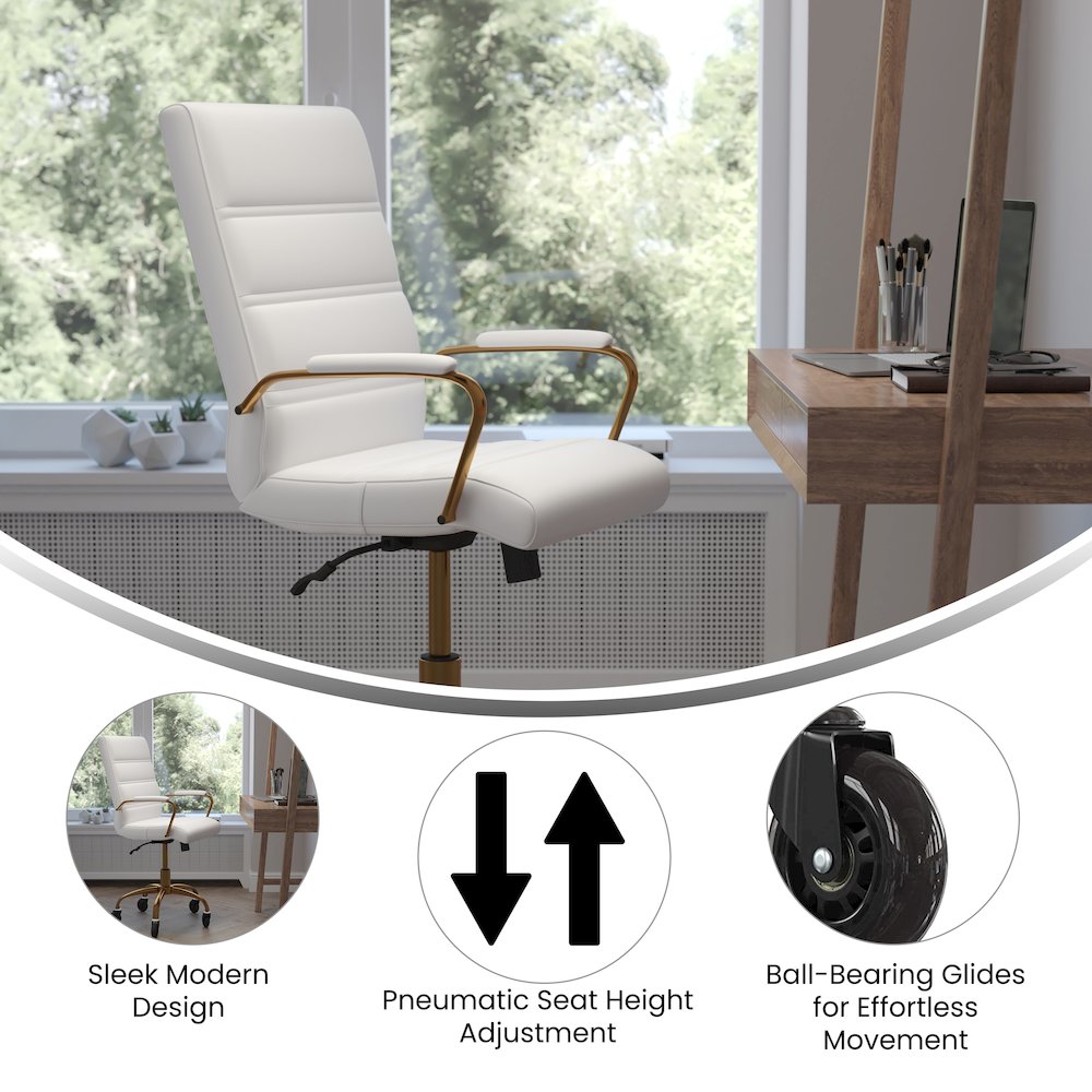 Mid-Back White Executive Swivel Office Chair with Gold Frame, Arms,. Picture 4