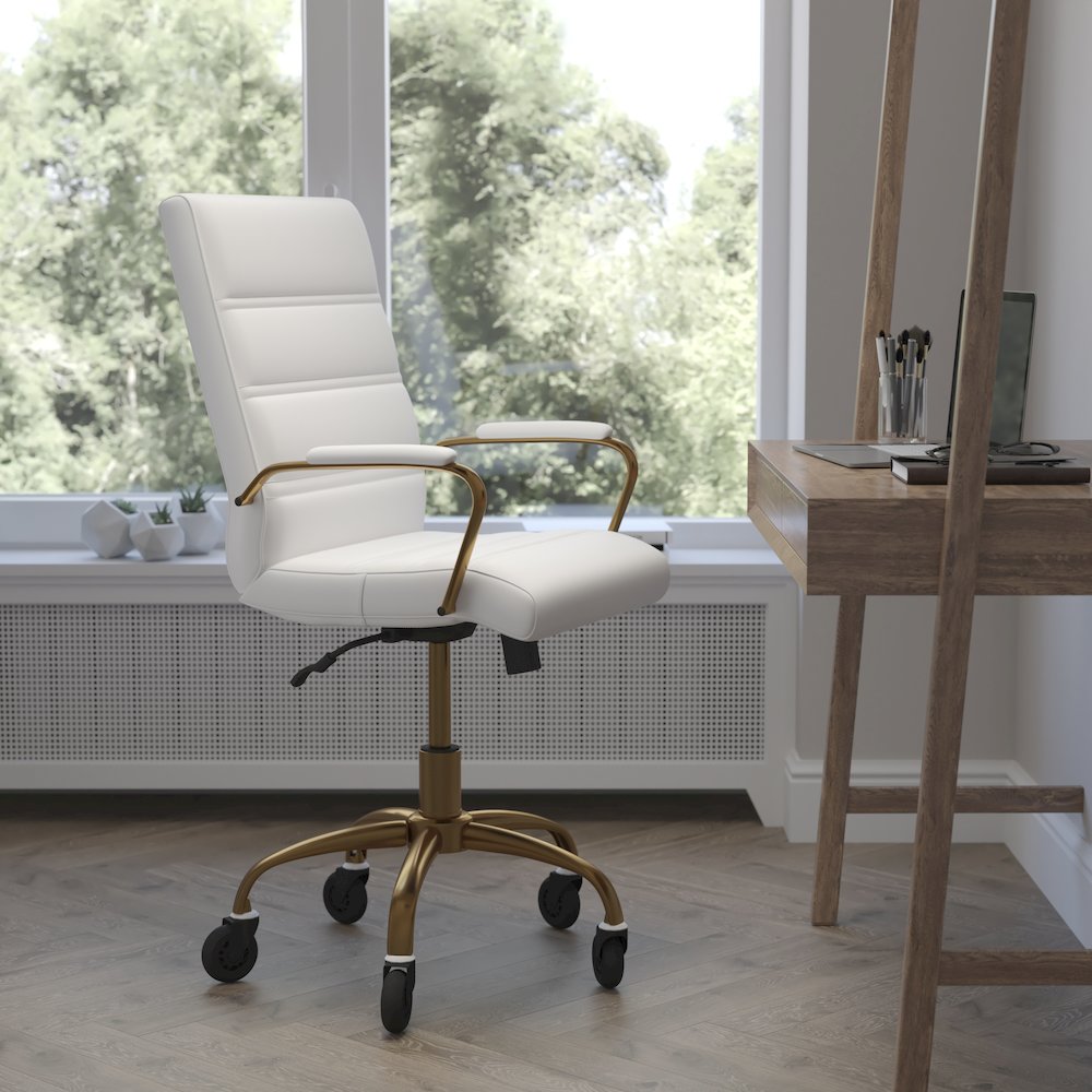 Mid-Back White Executive Swivel Office Chair with Gold Frame, Arms,. Picture 2