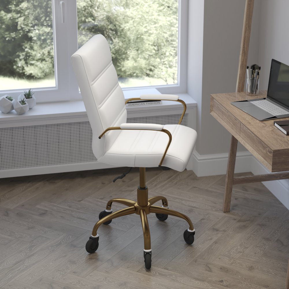 Mid-Back White Executive Swivel Office Chair with Gold Frame, Arms,. Picture 6