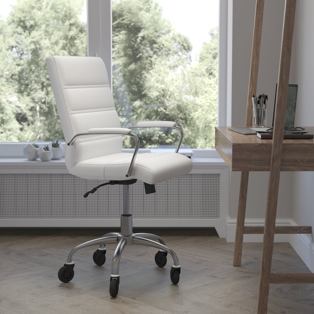 Mid-Back White Executive Swivel Office Chair with Chrome Frame, Arms,. Picture 2