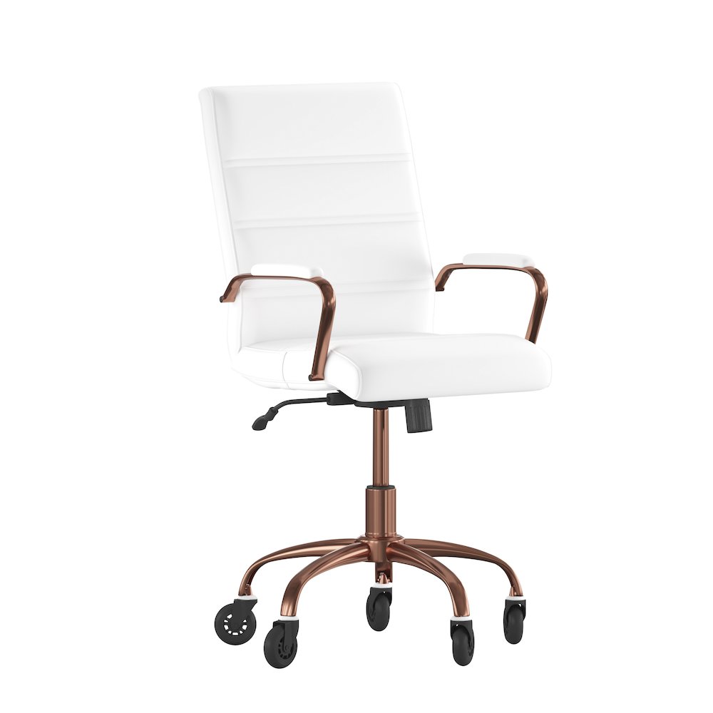 Mid-Back White Executive Swivel Office Chair with Rose Gold Frame, Arms,. Picture 1