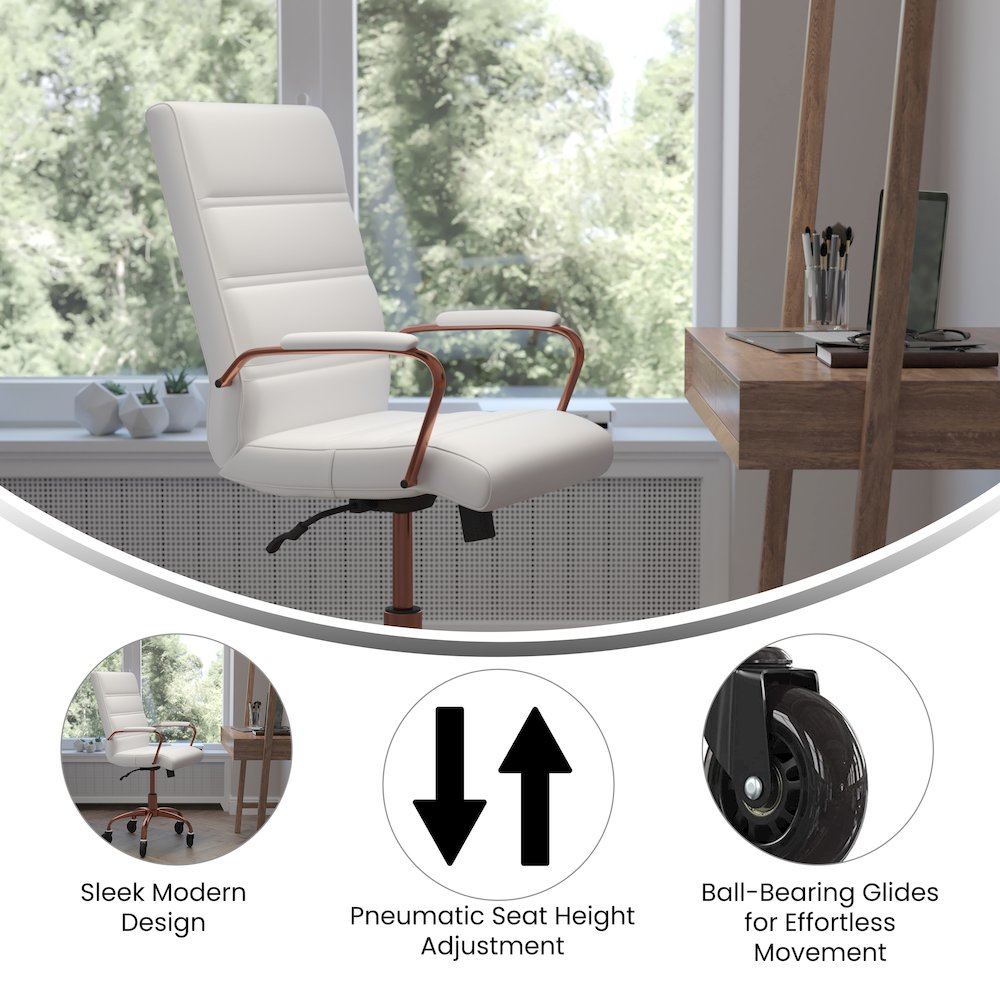 Mid-Back White Executive Swivel Office Chair with Rose Gold Frame, Arms,. Picture 4