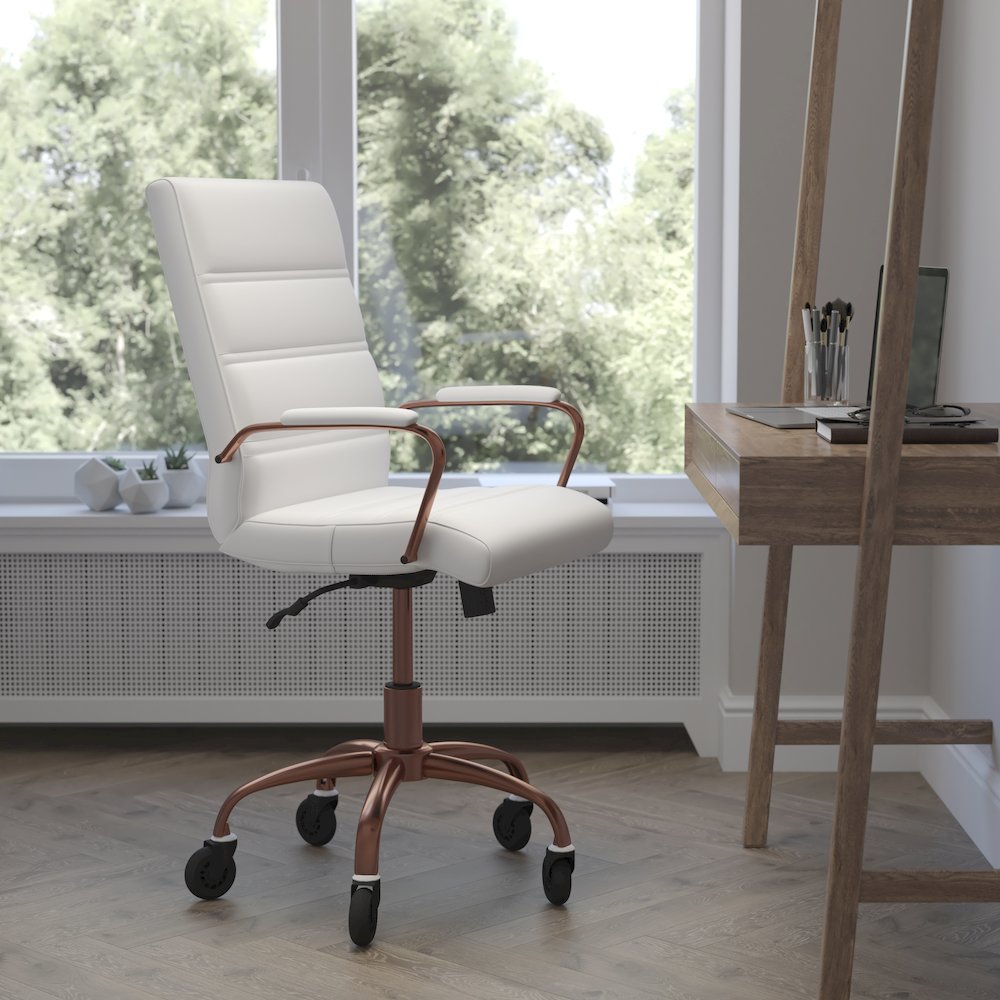 Mid-Back White Executive Swivel Office Chair with Rose Gold Frame, Arms,. Picture 2