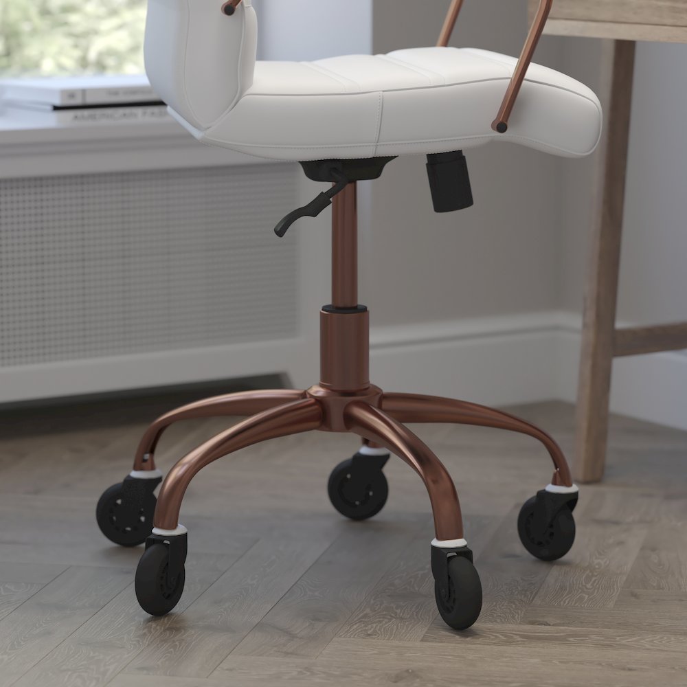 Mid-Back White Executive Swivel Office Chair with Rose Gold Frame, Arms,. Picture 6